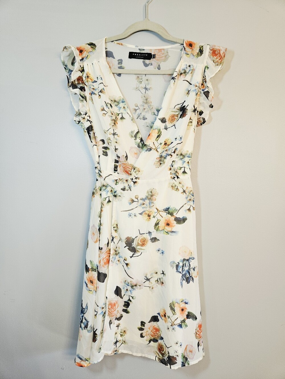 Angeleye London Floral Wrap Mini Dress Size 8 Ruffle Sleeve V Neck
